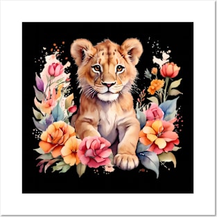 A lion cub decorated with beautiful watercolor flowers Posters and Art